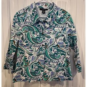 Kaktus Womens XL Paisley Abstract Art Jacket Button Front 3/4 Sleeve Boho
